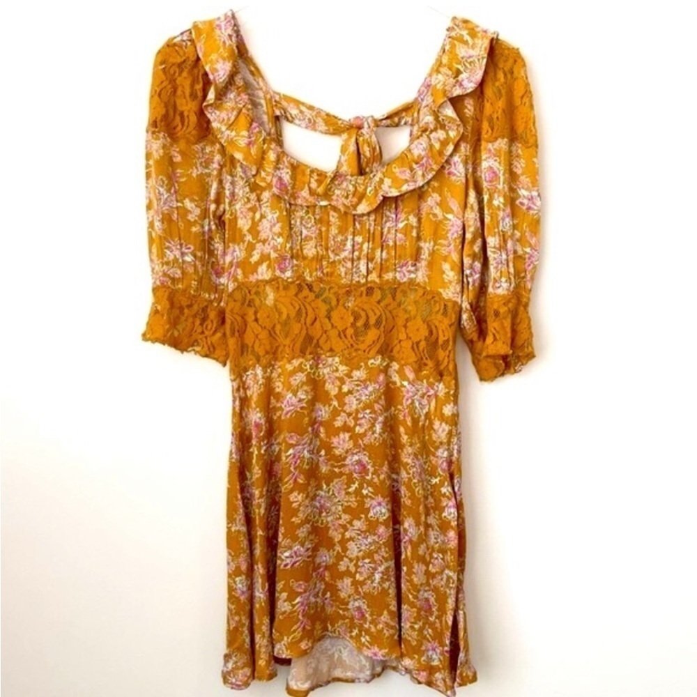 Free People Floral Mini Dress in Mustard and Pink